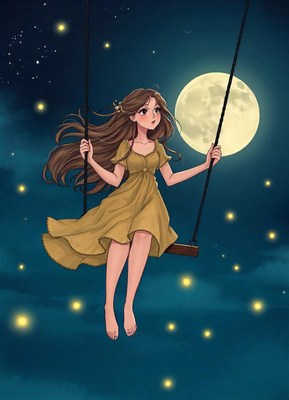 A girl swings under a full moon, surrounded by fireflies