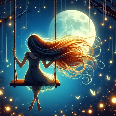 A woman swings under the full moon