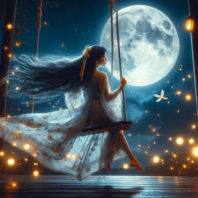 A woman swings on a swing under a full moon