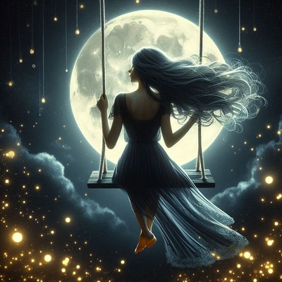 A woman sits on a swing beneath a full moon