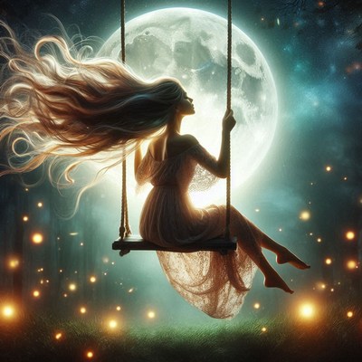 A woman swings beneath the full moon