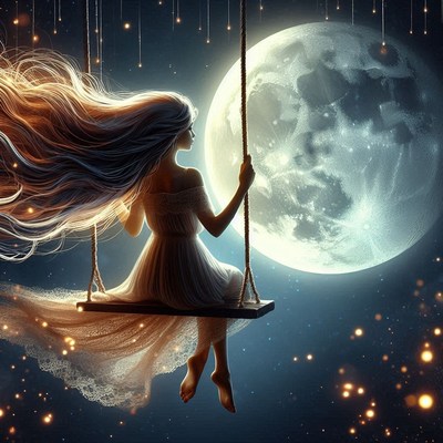 A woman swings on a swing under a full moon