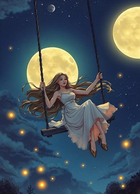 A woman swings under a bright moon