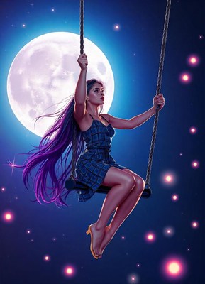 A woman sits on a swing under a full moon