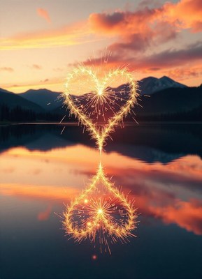 A heart shaped sparkler hangs over a lake at sunset