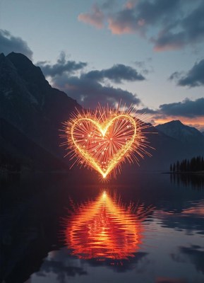 A heart-shaped firework display over a lake at dusk