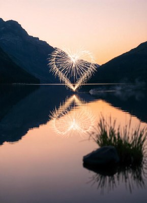 Heart sparkler reflects on lake at sunset