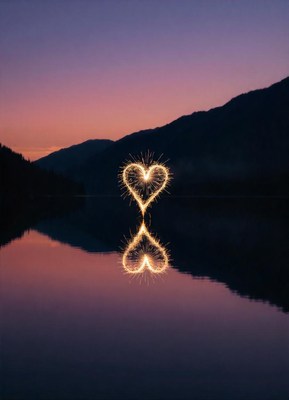 A sparkler heart reflects in the lake at sunset