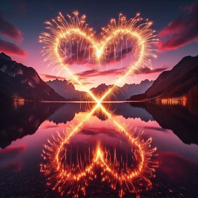 A heart shape formed by sparklers at sunset over a lake
