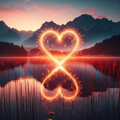 A heart-shaped sparkler over a lake at sunset