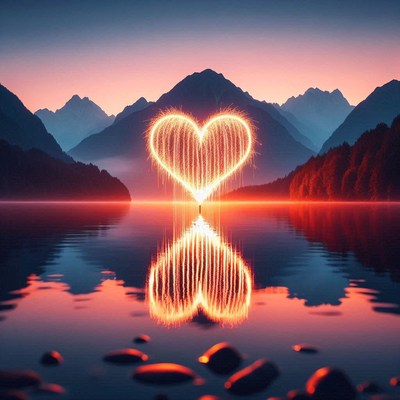 A heart-shaped firework display over a lake in the mountains
