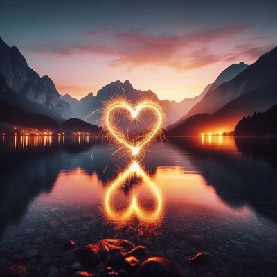 A heart drawn with sparklers over a lake at dusk