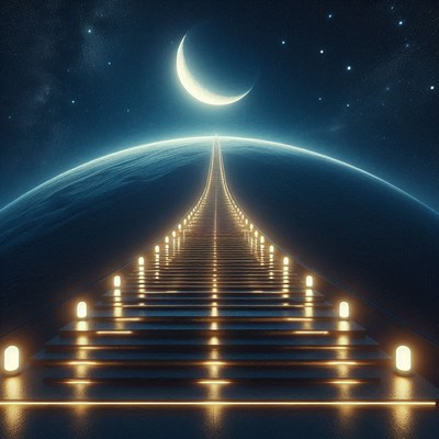 A glowing stairway leads to the crescent moon