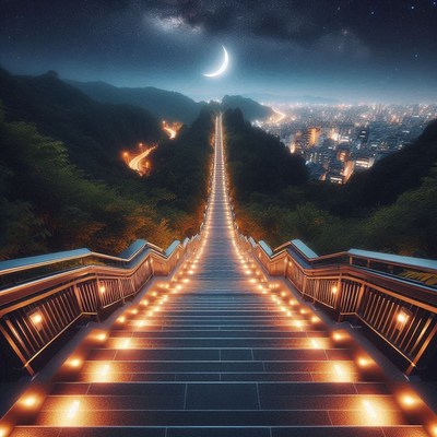 A long staircase lit by the moon at night