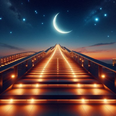 A lit staircase ascends into the night