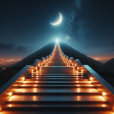 Staircase to light beneath a crescent moon