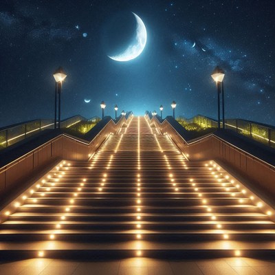 A staircase ascends to a crescent moon