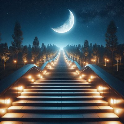 Crescent moon glows over a lit forest staircase