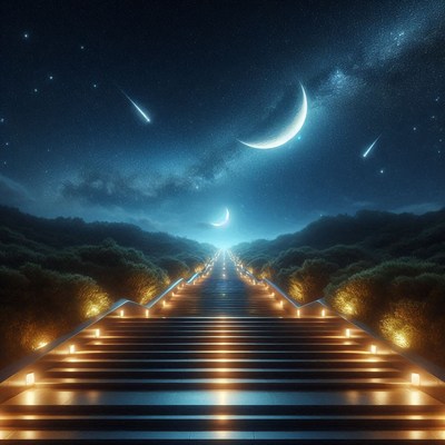 Stairs rise beneath a starry sky and two crescents