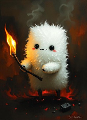 A fluffy creature holds a flaming stick in a fiery landscape