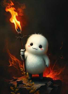 A fluffy creature holds a flaming torch in a fiery landscape
