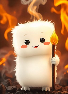 A fluffy creature with a torch in a fire setting