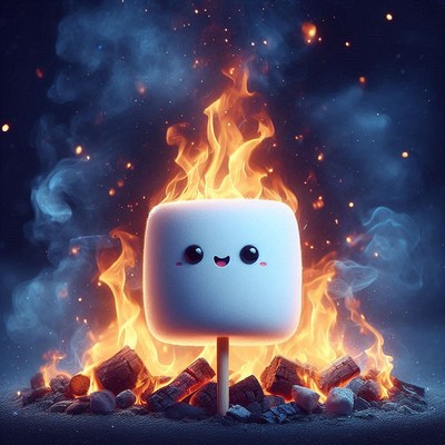 A smiling marshmallow roasts over a campfire