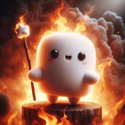 A happy marshmallow stands on a log in front of a fire