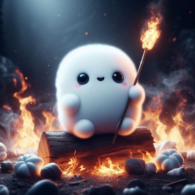 A fluffy creature sits by a campfire with a burning stick