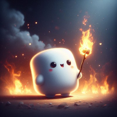 Fluffy character wields a burning stick in flames