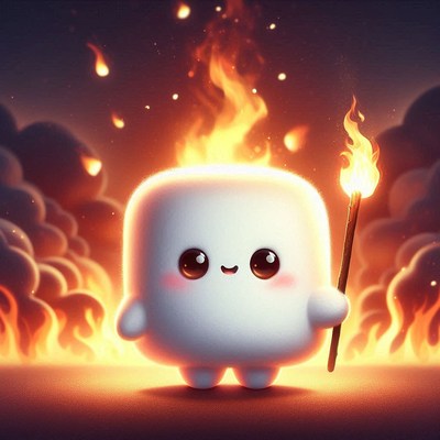 A marshmallow stands bravely in a fire with a burning stick