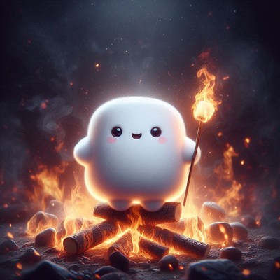 A cute, fuzzy creature stands atop a roaring campfire