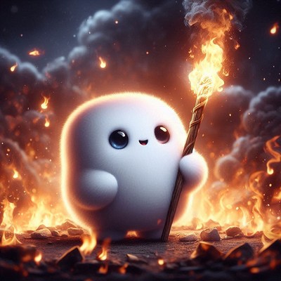 A small creature holds a torch in the flames