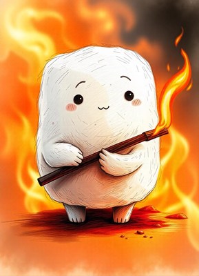 A marshmallow holds a stick over a fire