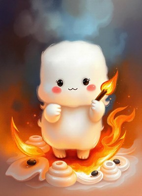 A white, fluffy creature holds a lit match over a fire