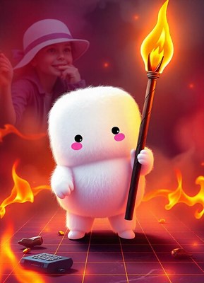 Fluffy white creature with a torch in flames
