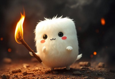 Fluffy creature walks with a torch on a path