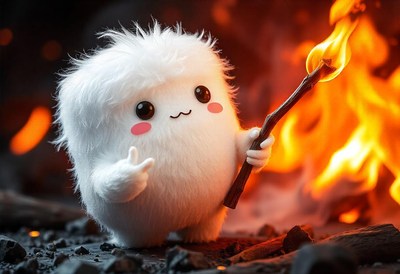 A fluffy creature holds a burning stick in front of a fire