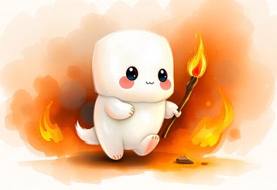 A cute, white creature walks with a torch