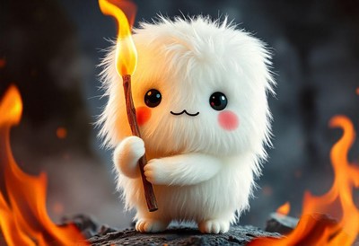 A fluffy creature holds a flaming stick in front of a fire