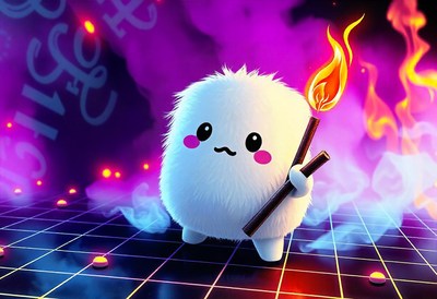 A fluffy character holds a burning stick in a neon-lit space