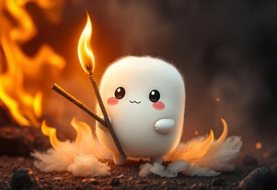 A cute marshmallow character stands in a fire