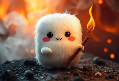 A fluffy creature holds a burning stick in front of a fire