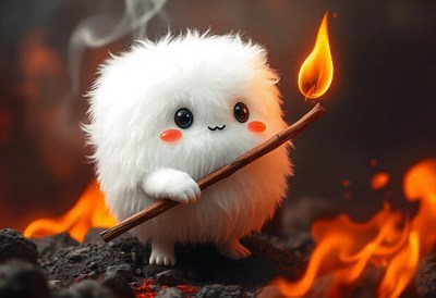 A fluffy creature holds a burning stick in front of a fire