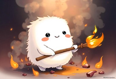 A fluffy creature holds a flaming stick in a fiery cave