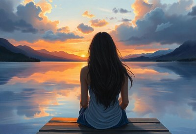A woman sits on a dock watching the sunset over a lake