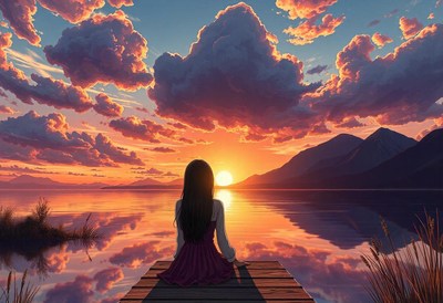 A woman sits on a dock, watching the sunset over a lake