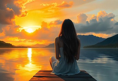 A woman sits on a dock, watching the sunset over a lake