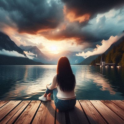A woman sits on a wooden dock overlooking a calm lake