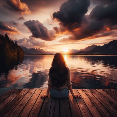 A woman sits on a dock at sunset, enjoying the view